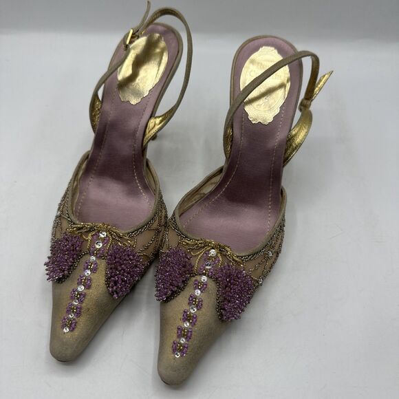 Rene Caovilla Gold Metallic Pink Beaded Leather Heels Slingbacks Sz 7 - Picture 4 of 10
